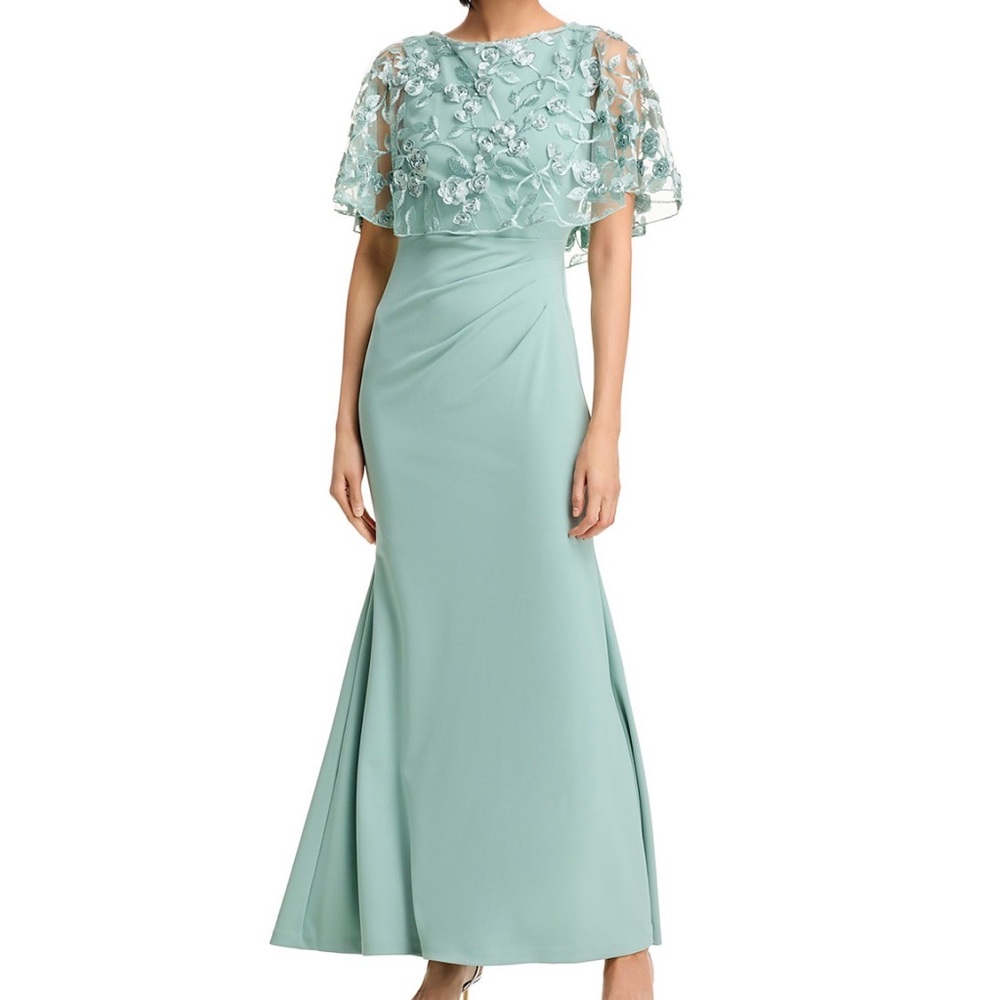 Women’s size 8 Eliza J Sleeveless Lace Sage Gown with cape